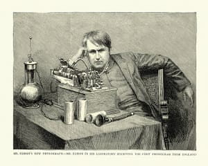 Vintage illustration of Thomas Edison and the phonograph, receiving first phonogram from England, 19th Century.