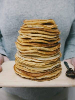 A huge stack of pancakes.